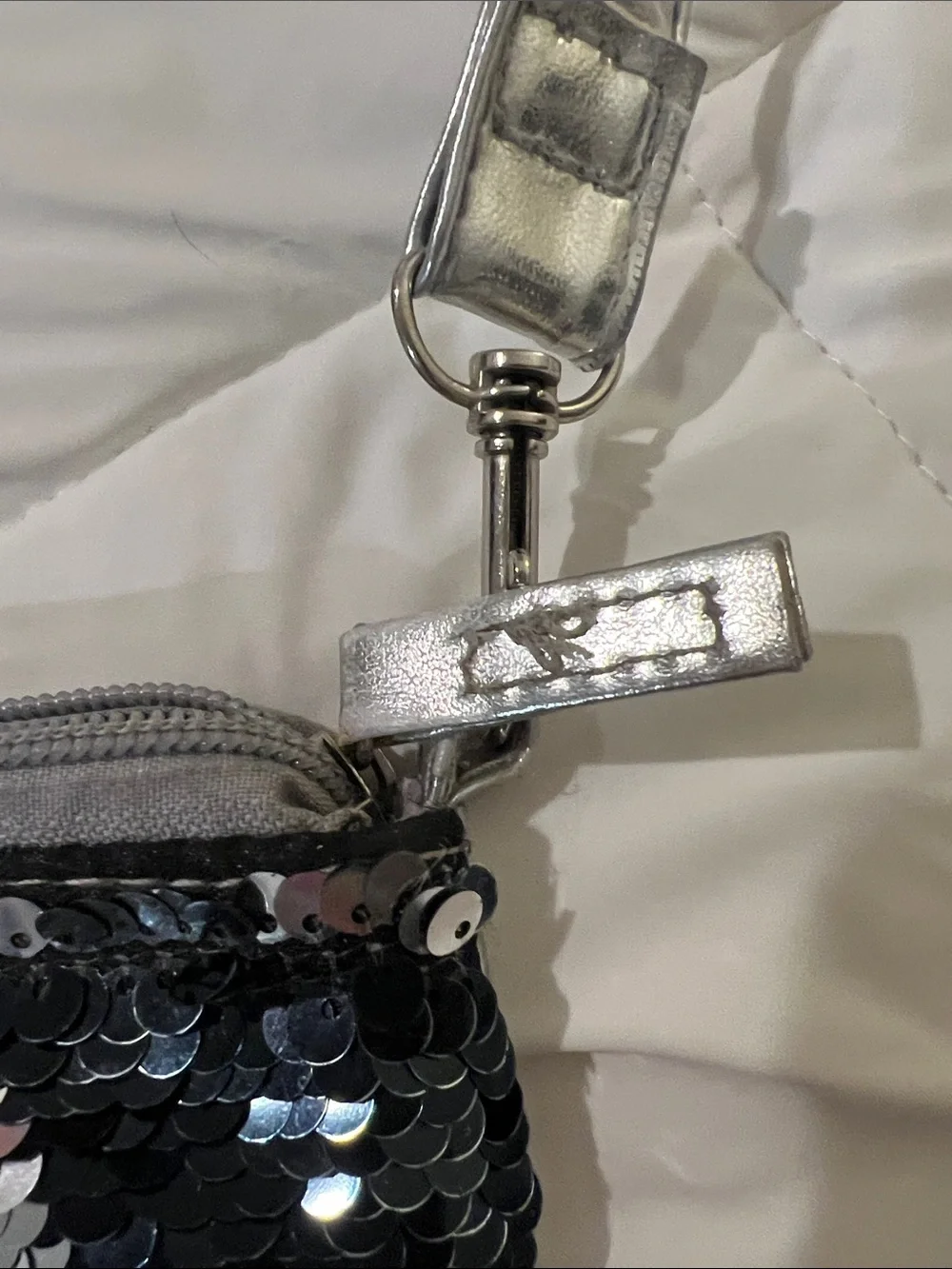 Sequin Crossbody Bag with 'Woof' Motif in Silver
